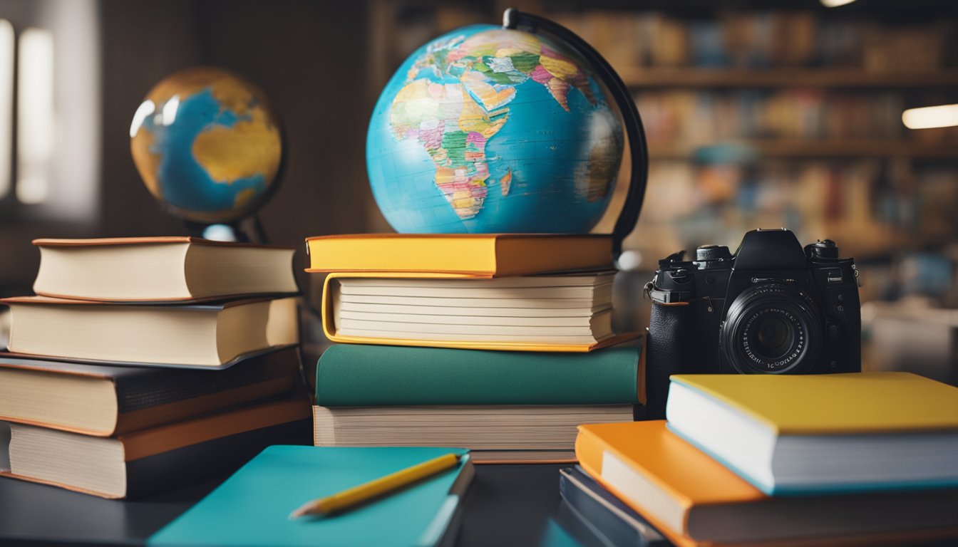 A stack of colorful books, a globe, and a chalkboard with neatly written notes. A backpack sits on the floor next to a desk with pencils and paper