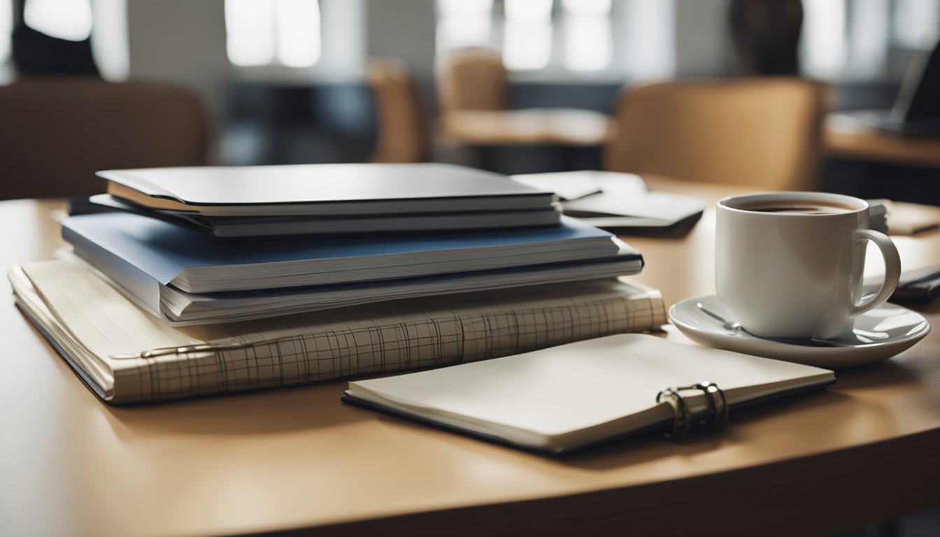 A school desk covered with a stack of papers, a laptop, and a mug of coffee. A backpack and a notepad sit on the floor next to the desk