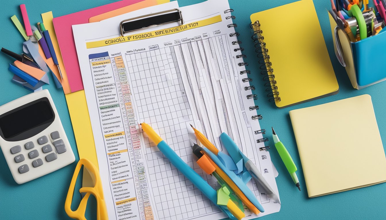 A stack of colorful school supplies surrounded by a checklist, map, and schedule for a school visit