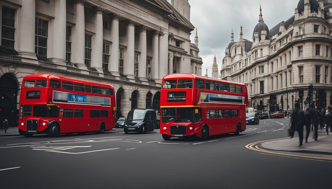 A bustling London street with iconic red double-decker buses and historic school buildings nestled among modern skyscrapers