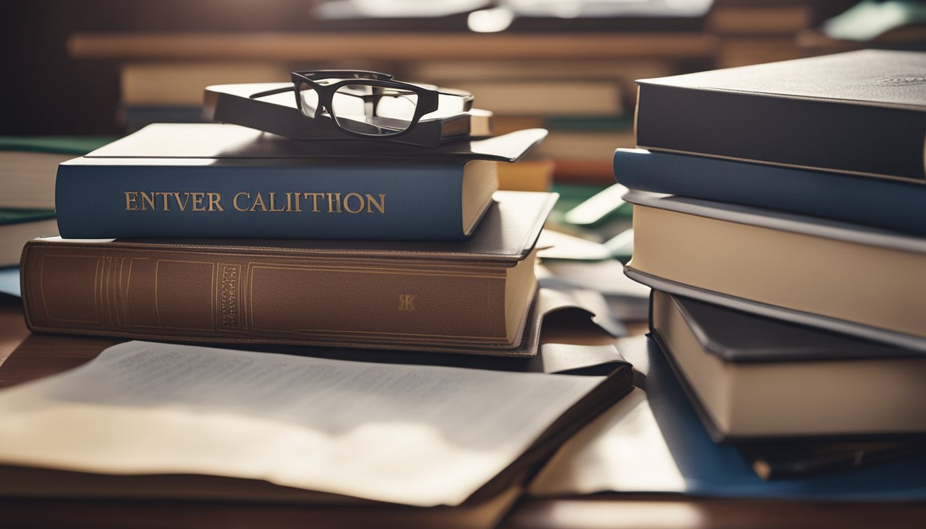 A stack of academic achievement certificates surrounded by books and school supplies