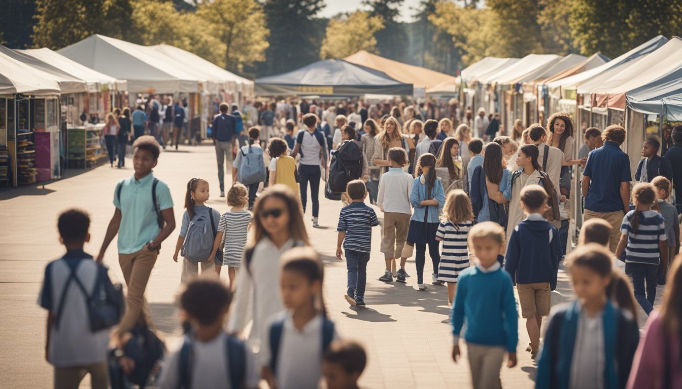 A bustling school fair with parents and children browsing information booths and talking to school representatives