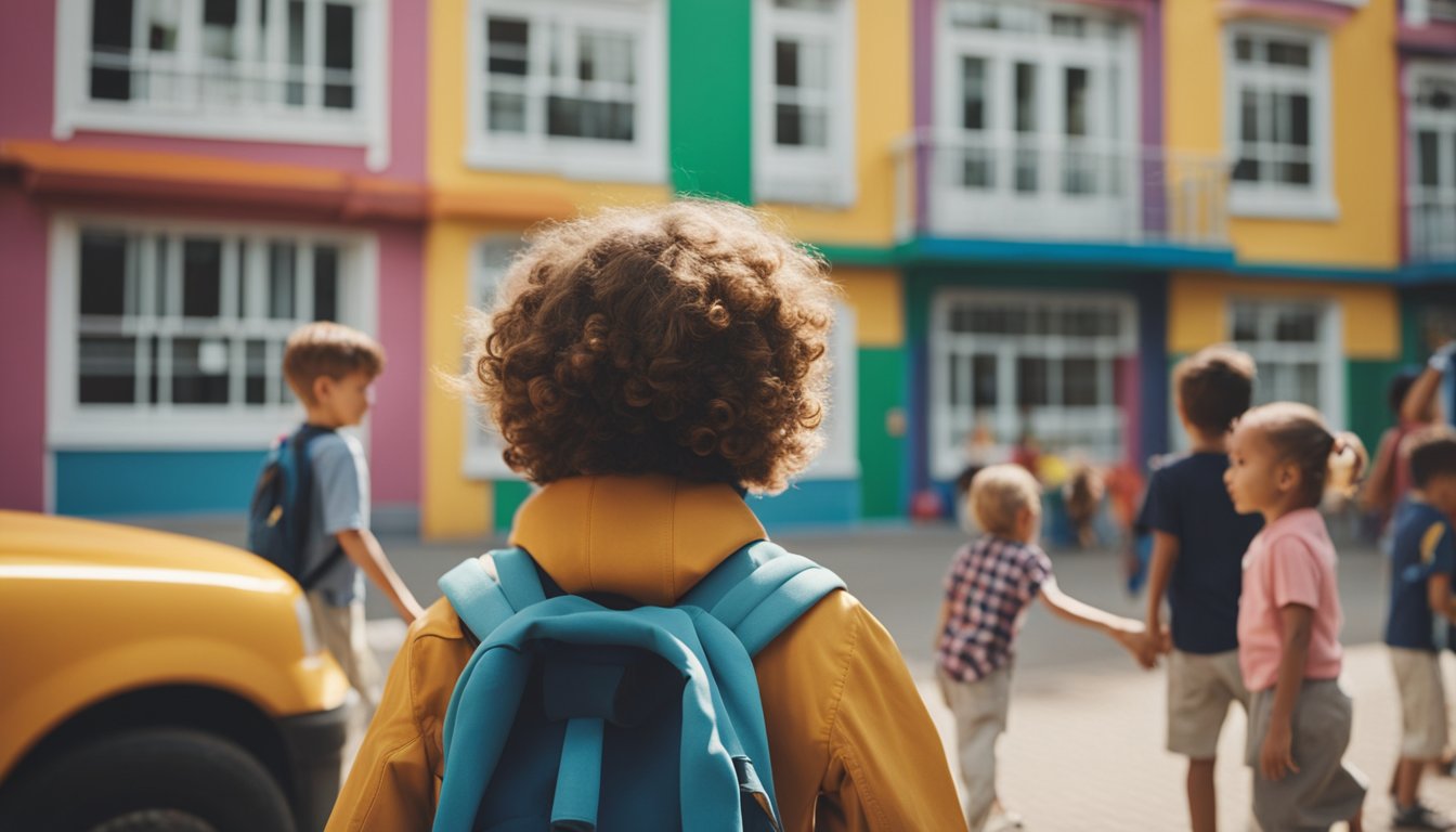 A parent and child explore various school options, surrounded by colorful buildings and happy children playing