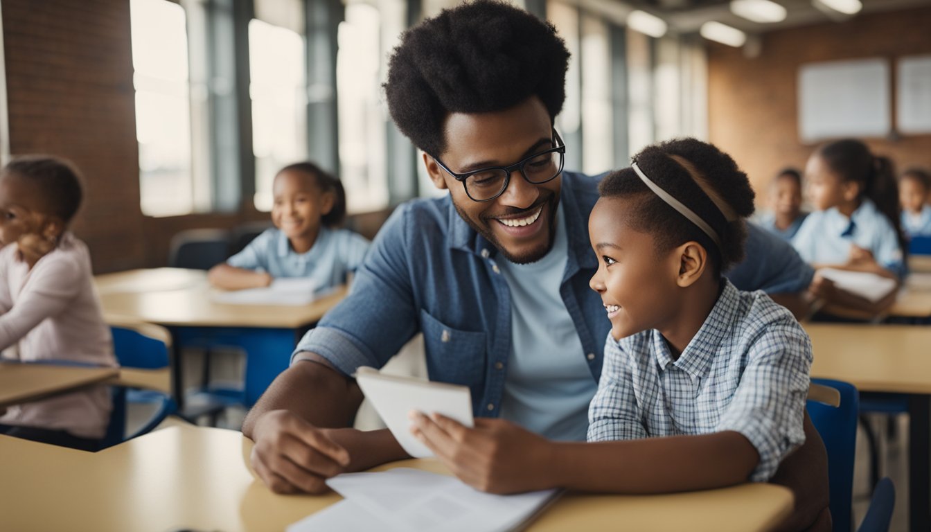 A parent and child examining a variety of school options, including public, private, and charter schools, while discussing the different educational opportunities available