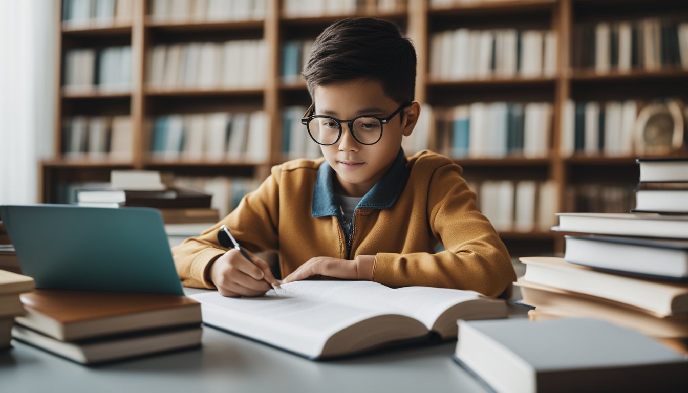 A parent researching schools with a checklist of criteria, surrounded by books and educational materials