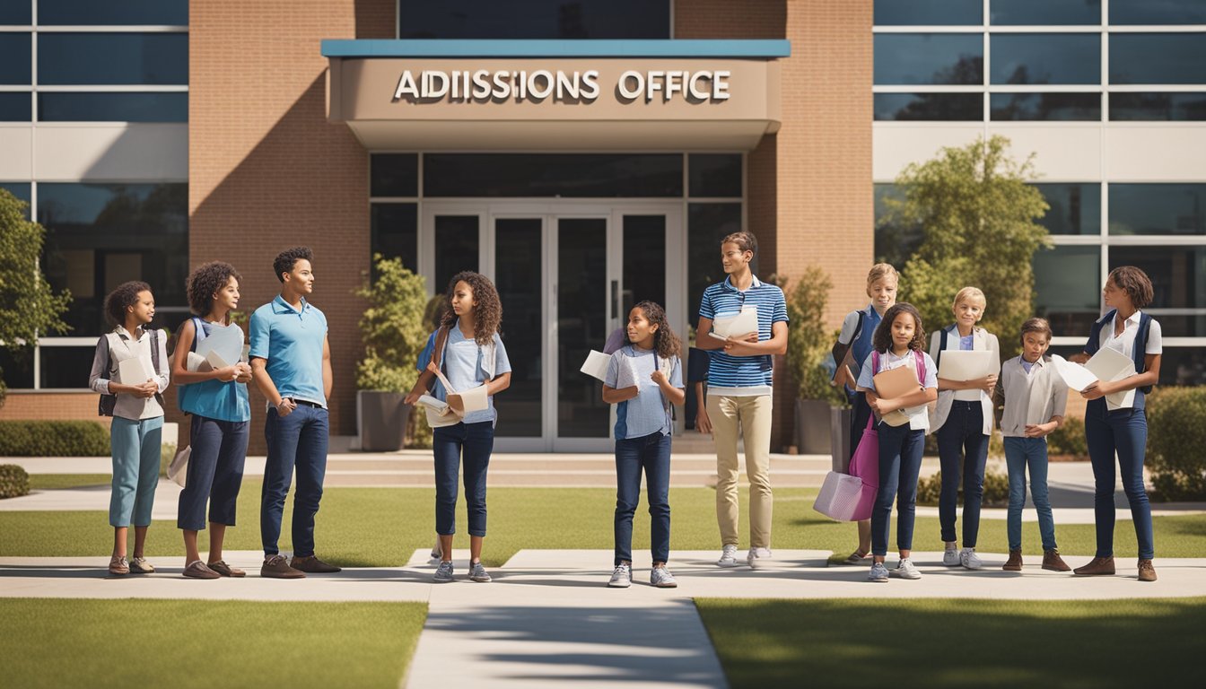 A line of parents and children wait outside a school building, clutching paperwork and looking anxious. A sign reads "Admissions Office" above the entrance