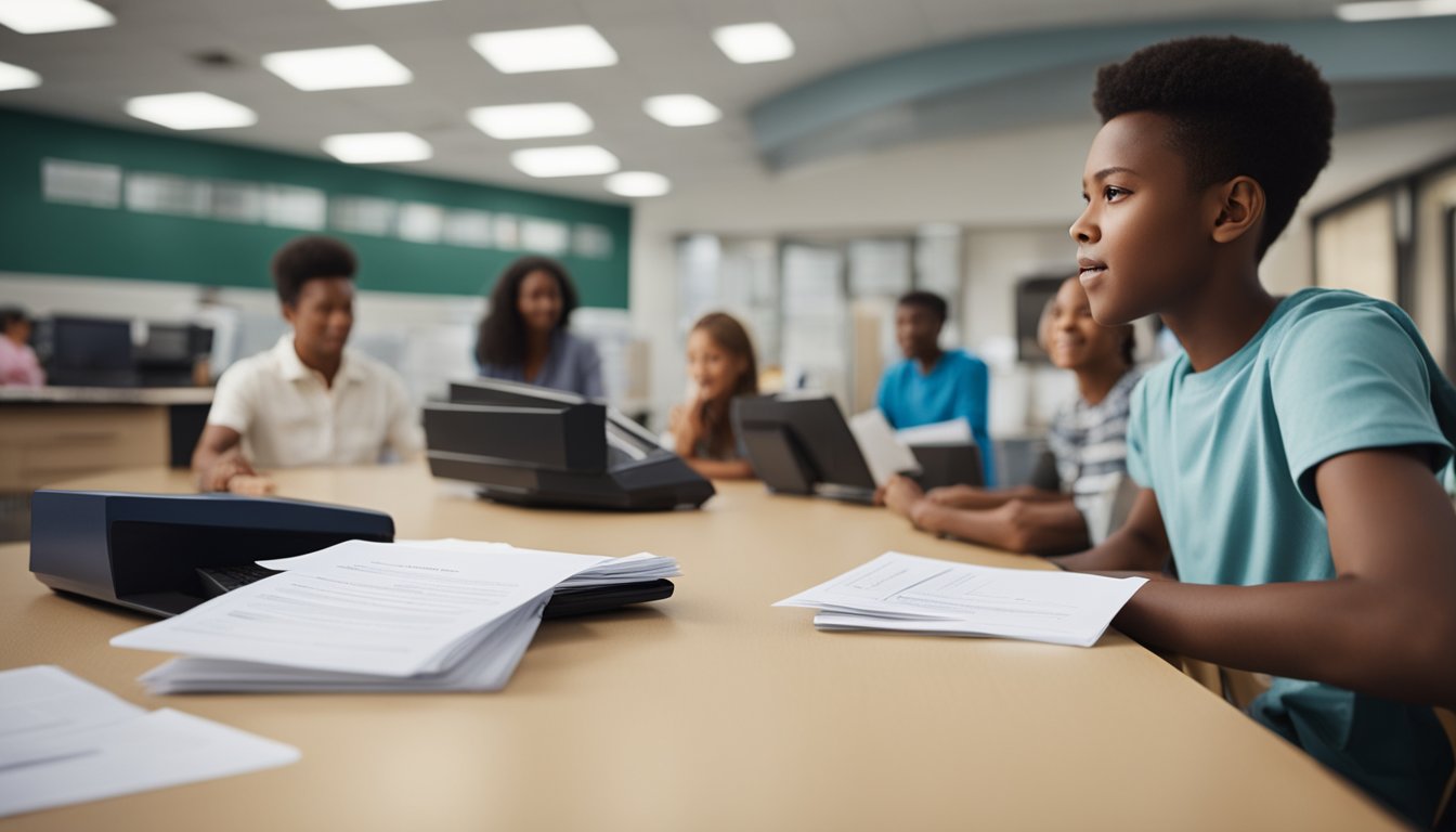 A busy school office with parents and students asking questions at a help desk. A stack of admission forms and information packets on the counter