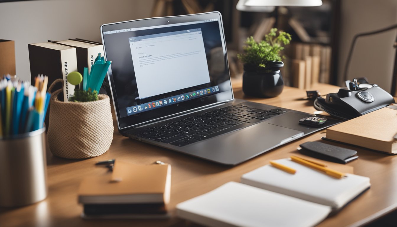 A cozy home with a child's desk, books, and educational materials. A parent sits nearby, offering guidance and support. A laptop and school supplies are neatly organized on the desk