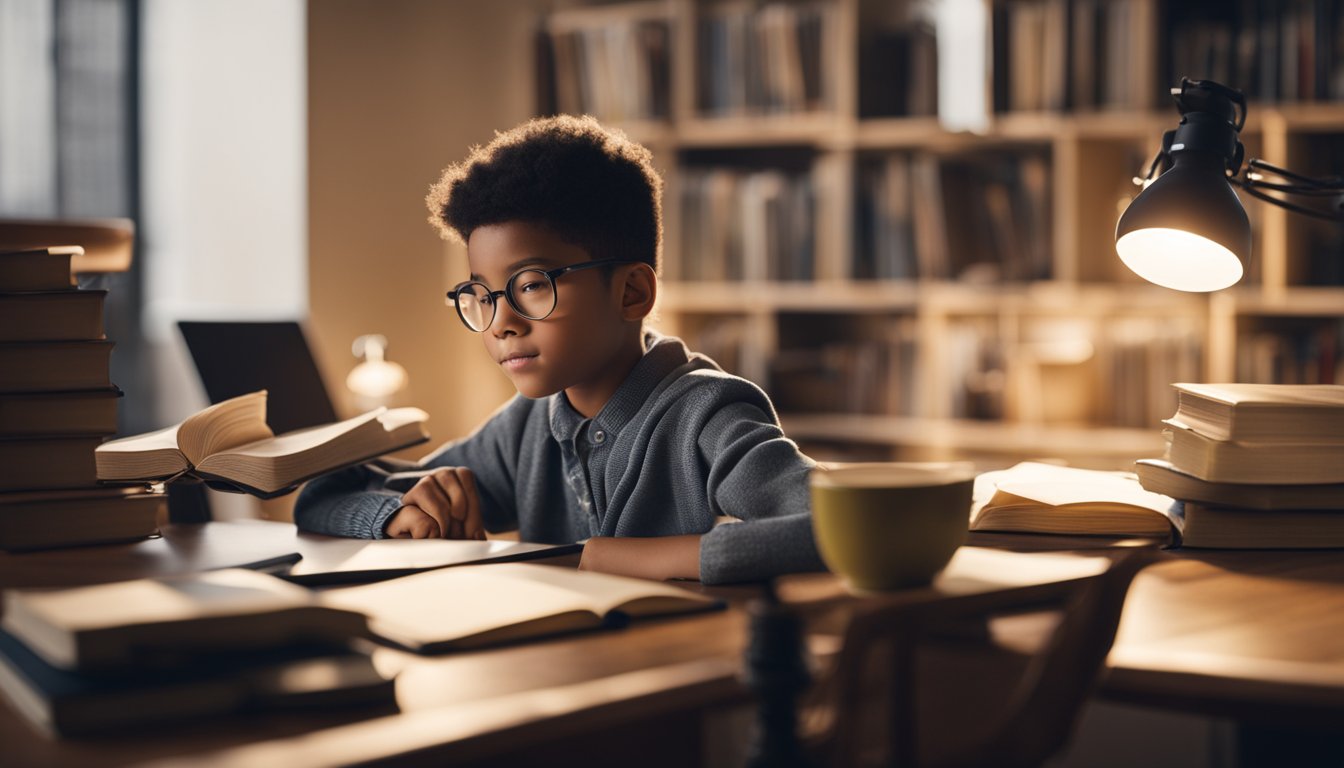 A cozy, well-lit study area with books, a desk, and a computer. A child sits with a focused expression, surrounded by educational materials