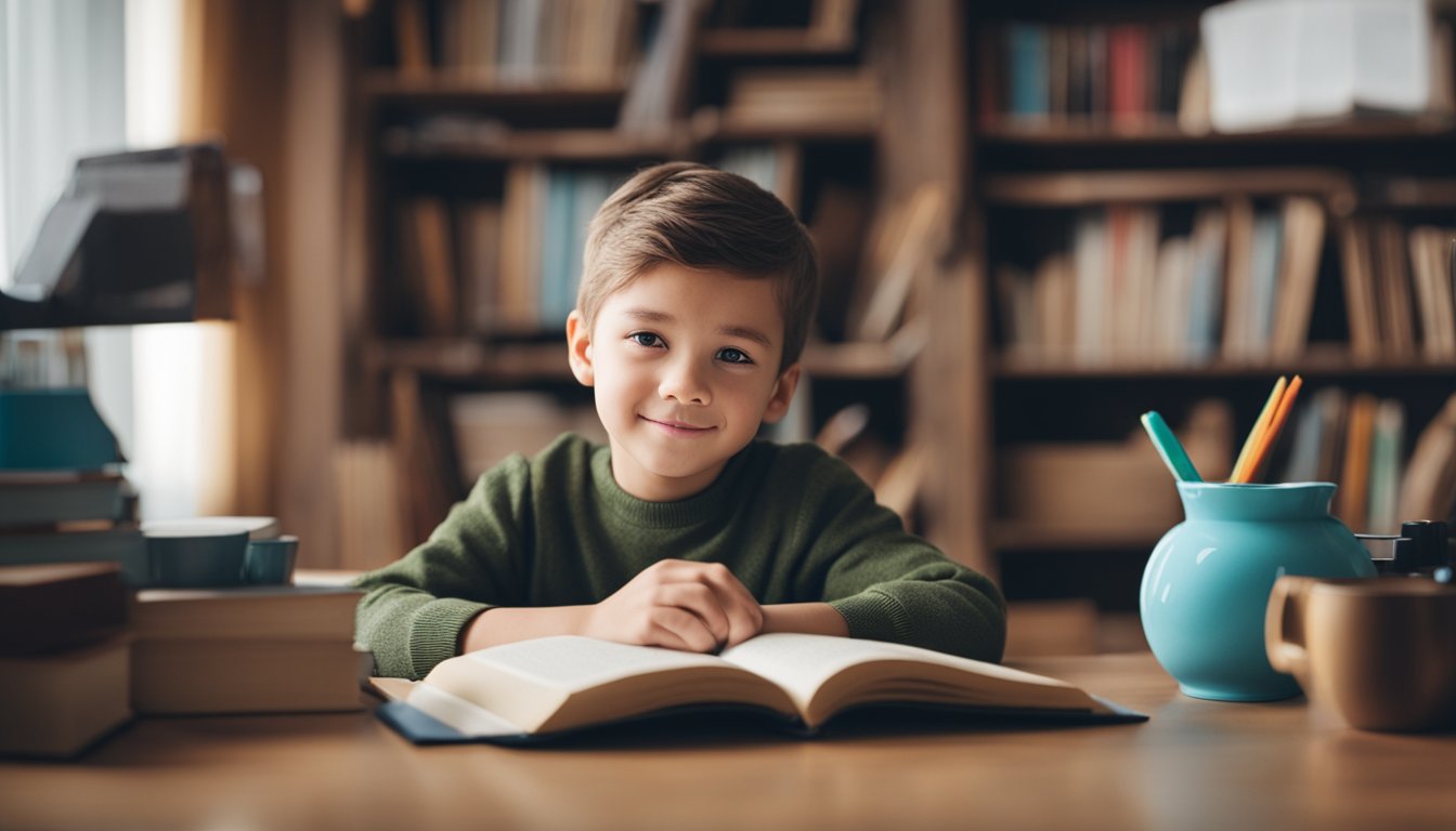 A cozy home with a child's desk, books, and educational materials. A parent sits nearby, offering support and guidance