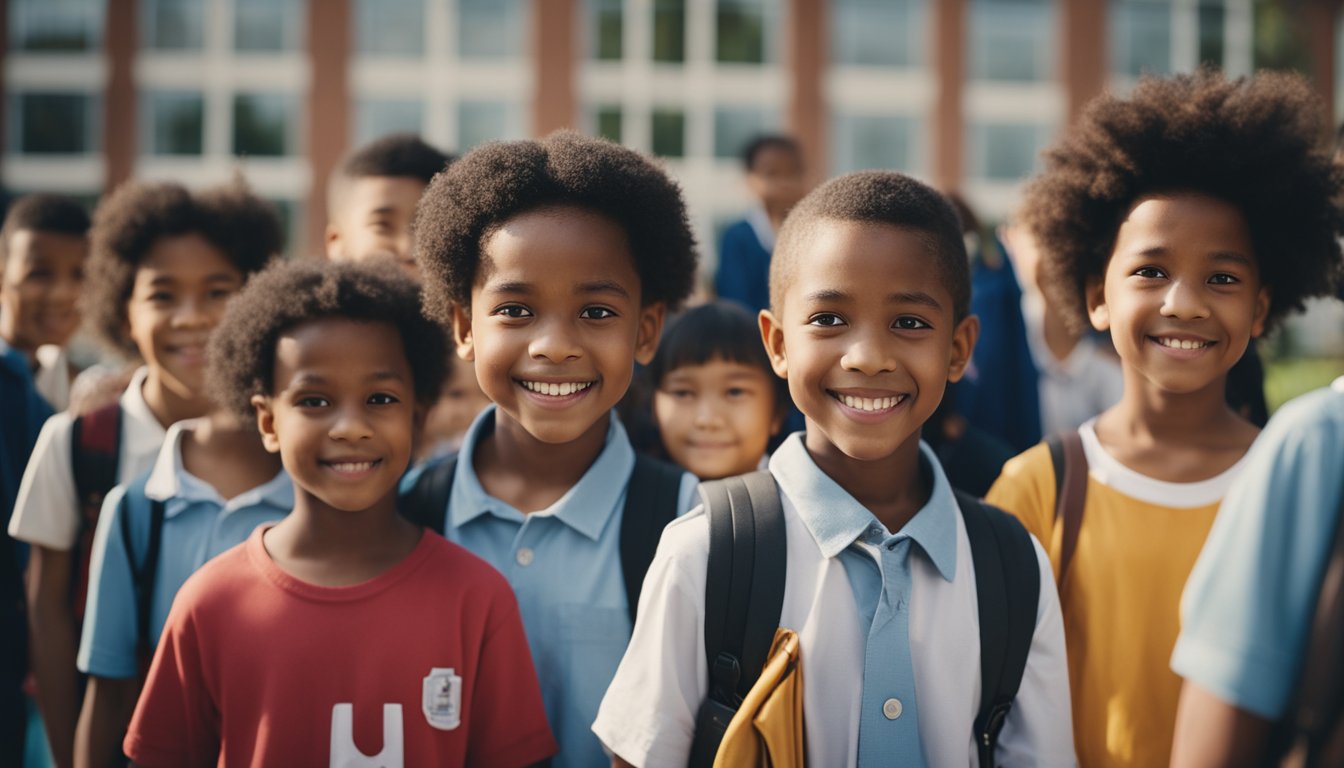 A child standing nervously outside a new school, surrounded by friendly classmates and a welcoming teacher