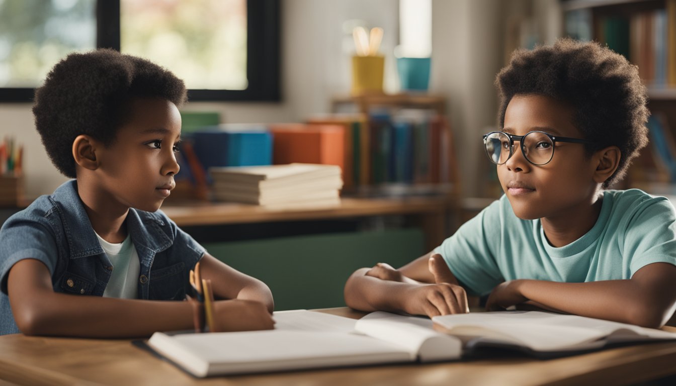 A child sitting at a desk with a concerned parent, surrounded by books and school supplies. The child is looking apprehensive while the parent offers reassurance