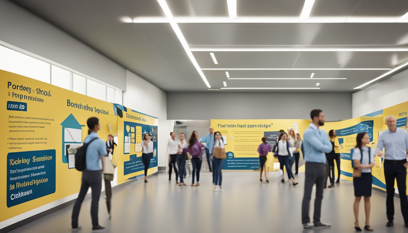 Parents asking questions to school staff in a busy hallway during an open day event. Display boards and school banners visible in the background