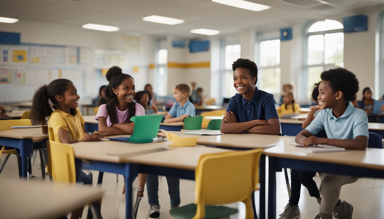 A group of parents and children explore a school campus, visiting classrooms and asking questions to staff and students. Displays of student work and educational materials are set up throughout the school