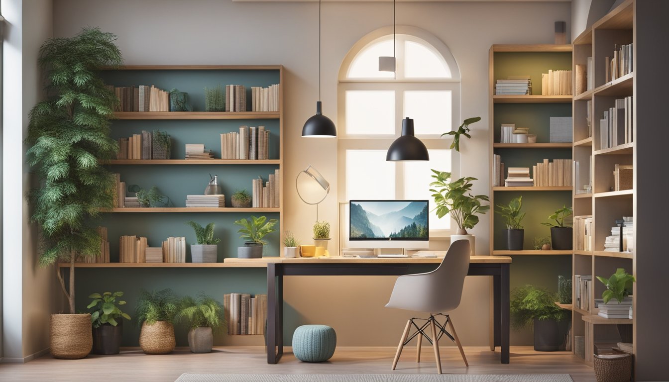 A cozy, well-lit study area with a desk, chair, bookshelf, and colorful educational materials. A plant and inspiring artwork add warmth to the space