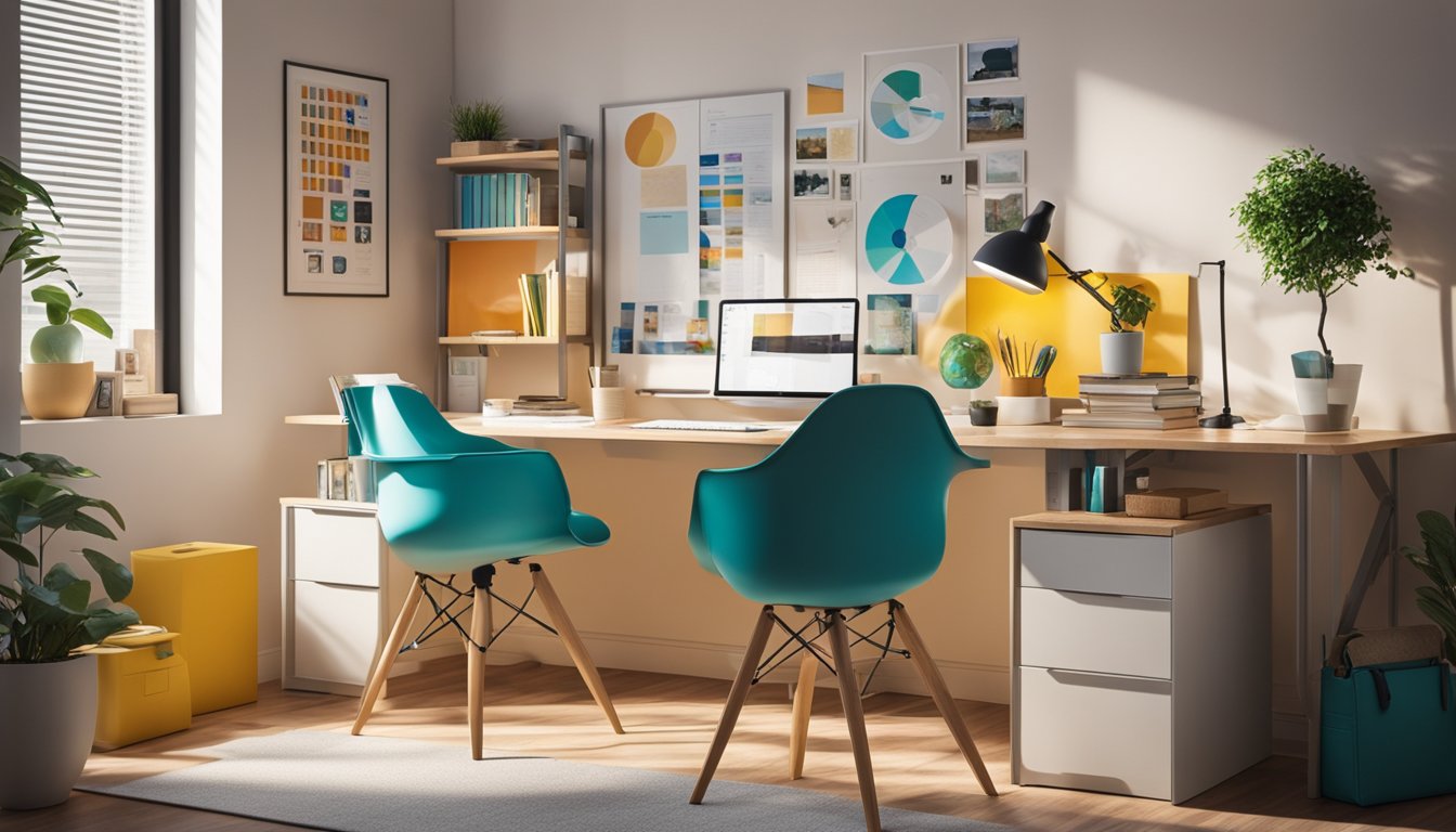 A cozy home study area with bright, natural lighting, organized desk supplies, and colorful educational posters on the walls