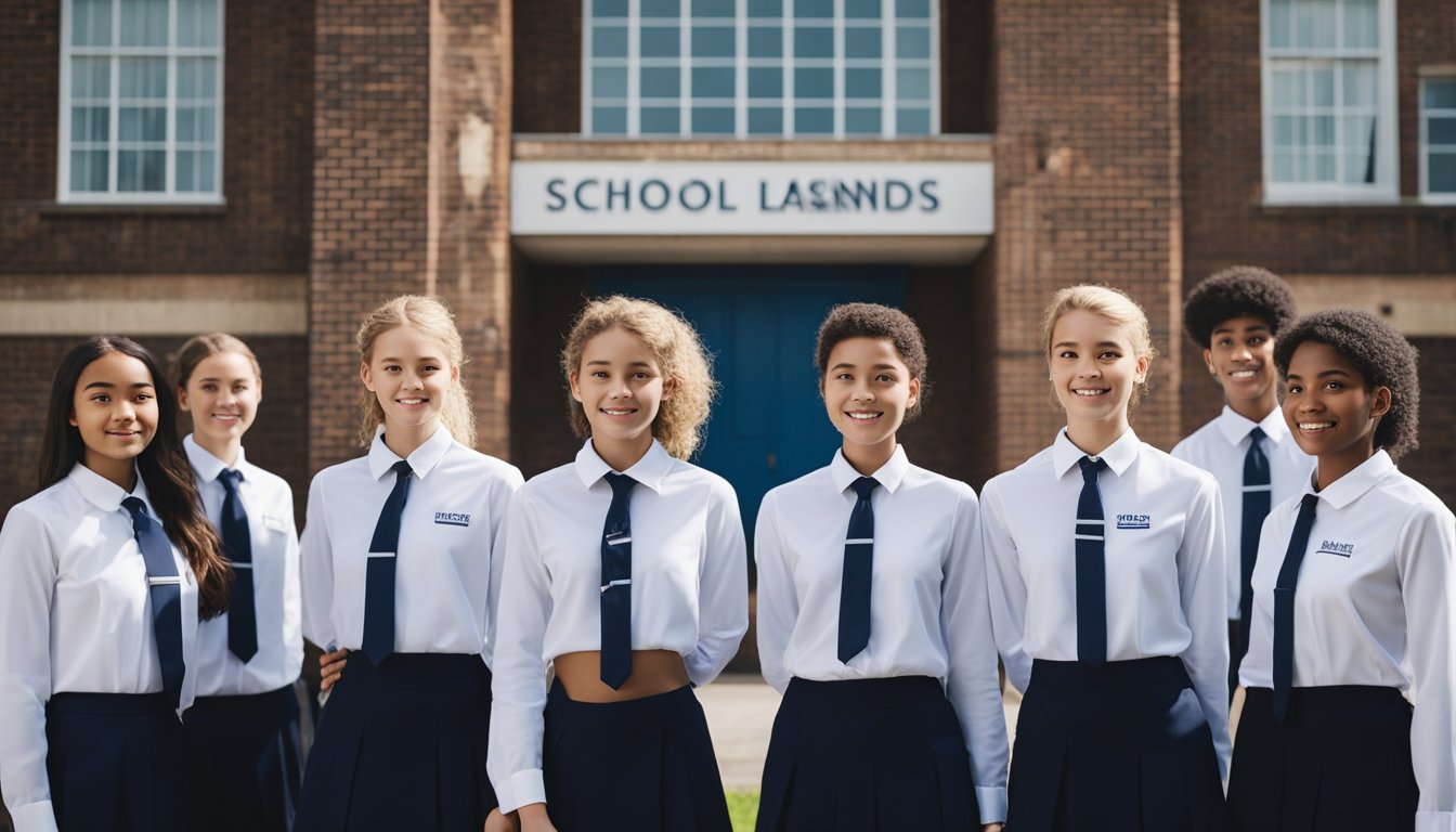 A group of students in school uniforms stand outside a brick building with a sign displaying the school name. Some students wear blazers, ties, and skirts, while others wear jumpers and trousers