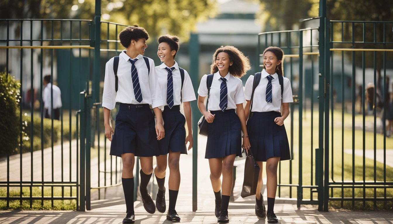 A group of students in school uniforms walking through the gates, chatting and laughing as they head to their classrooms