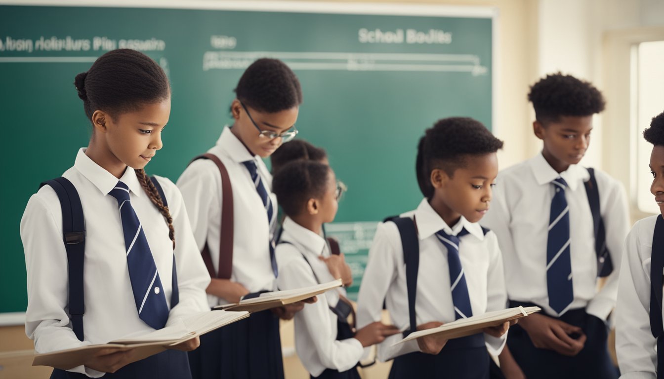 A group of students in school uniforms stand in front of a notice board, reading and discussing the school uniform policies in the UK