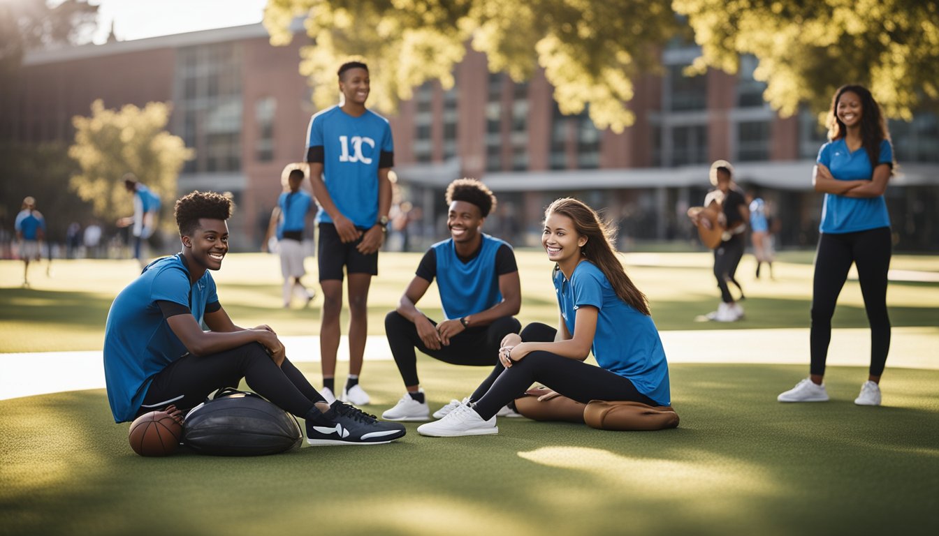 A group of students engaged in various extracurricular activities, such as sports, music, and community service, with a backdrop of a diverse and bustling school campus