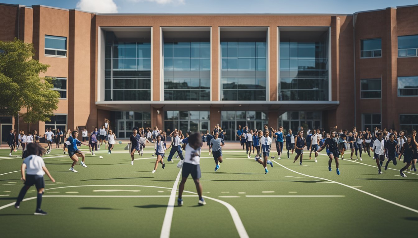 A group of diverse students engaged in various extracurricular activities, such as sports, music, art, and science, with a backdrop of a school setting