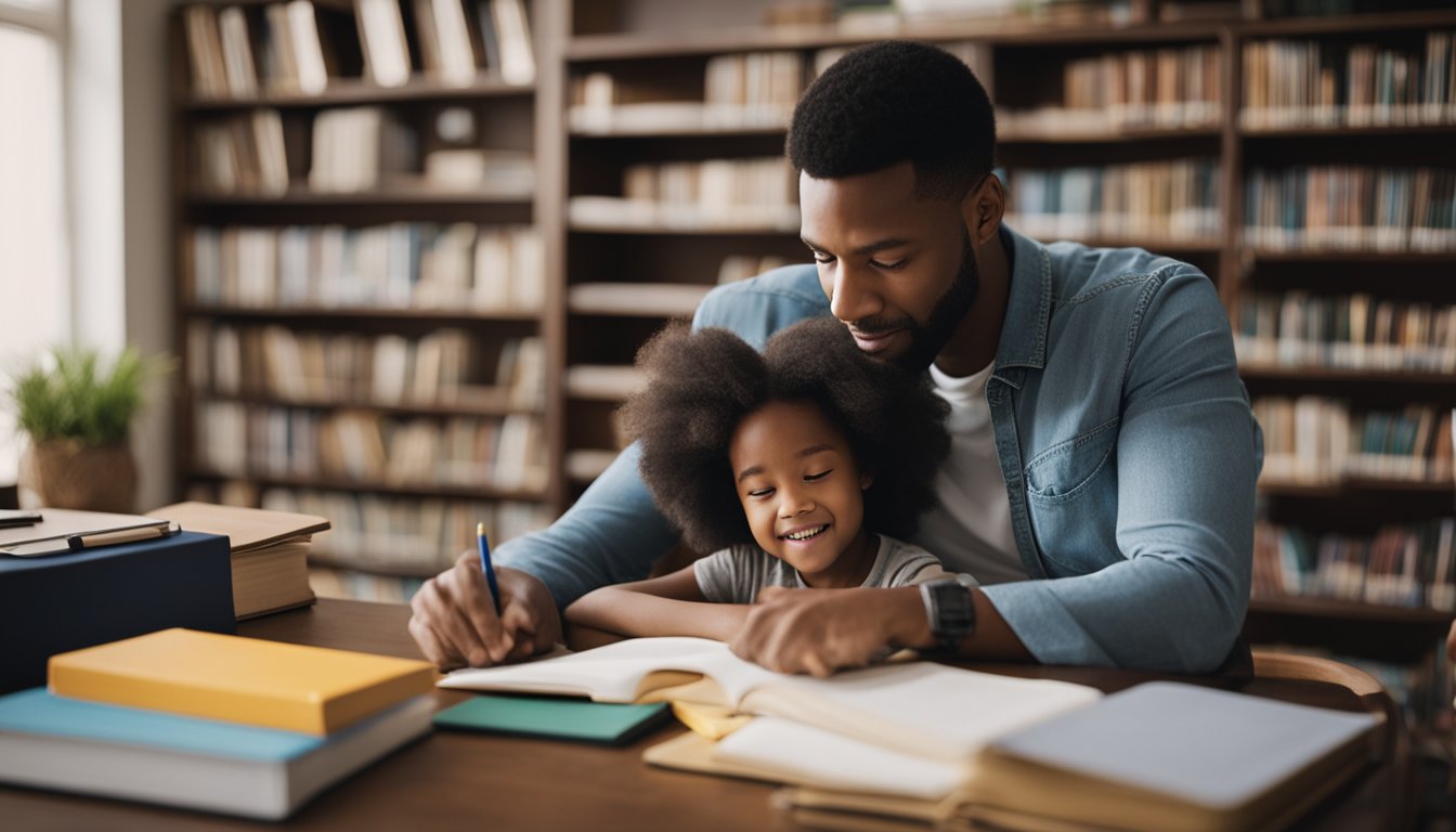 A parent and child sitting at a table, surrounded by books, notebooks, and school supplies. The parent is comforting the child while helping them with their schoolwork