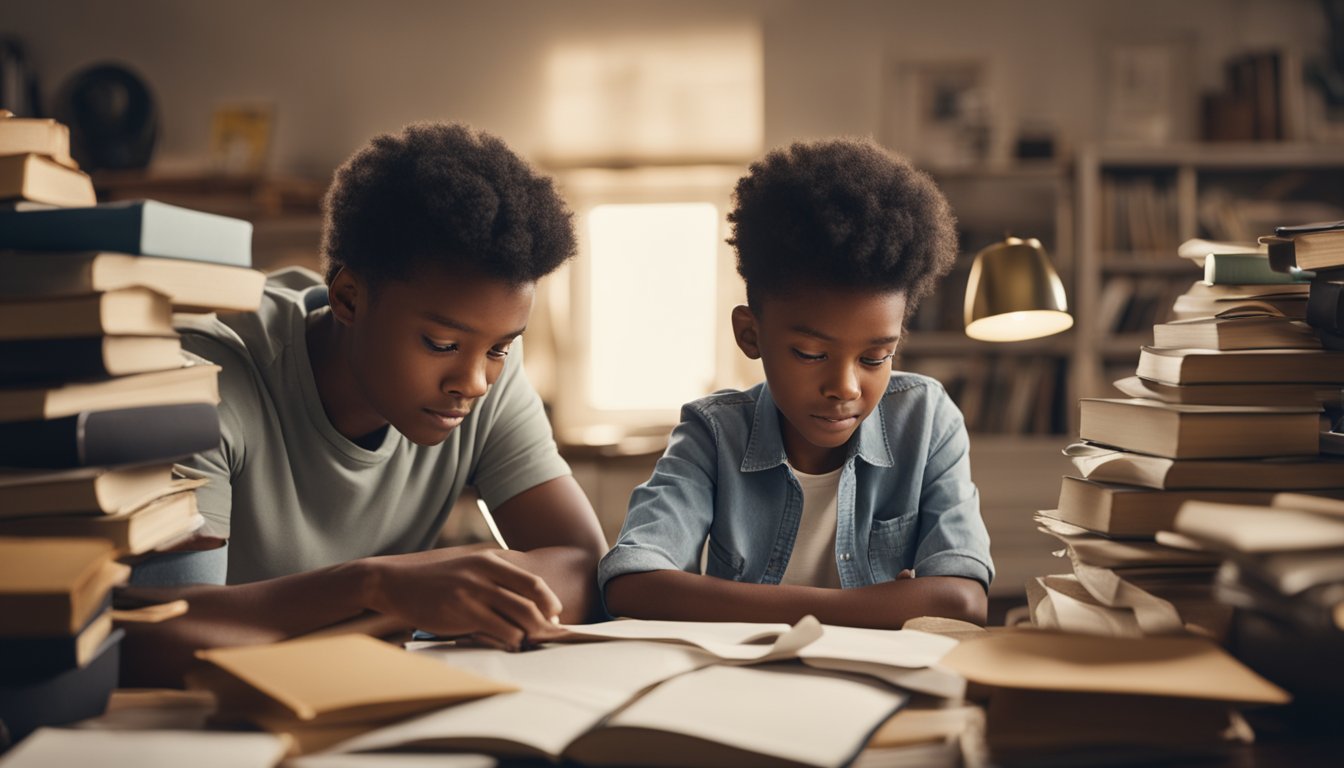 A parent and child sit at a cluttered desk, surrounded by books and papers. The child looks overwhelmed while the parent tries to offer support