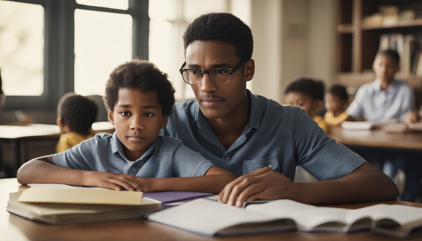 A parent and child sitting at a table, surrounded by school books and papers. The parent has a concerned expression while the child looks overwhelmed