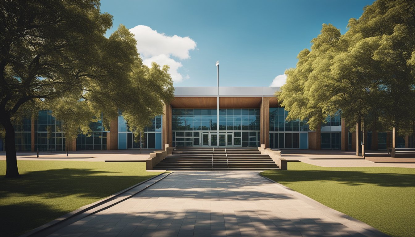 A school building with a pathway leading to the entrance, surrounded by trees and a clear blue sky overhead