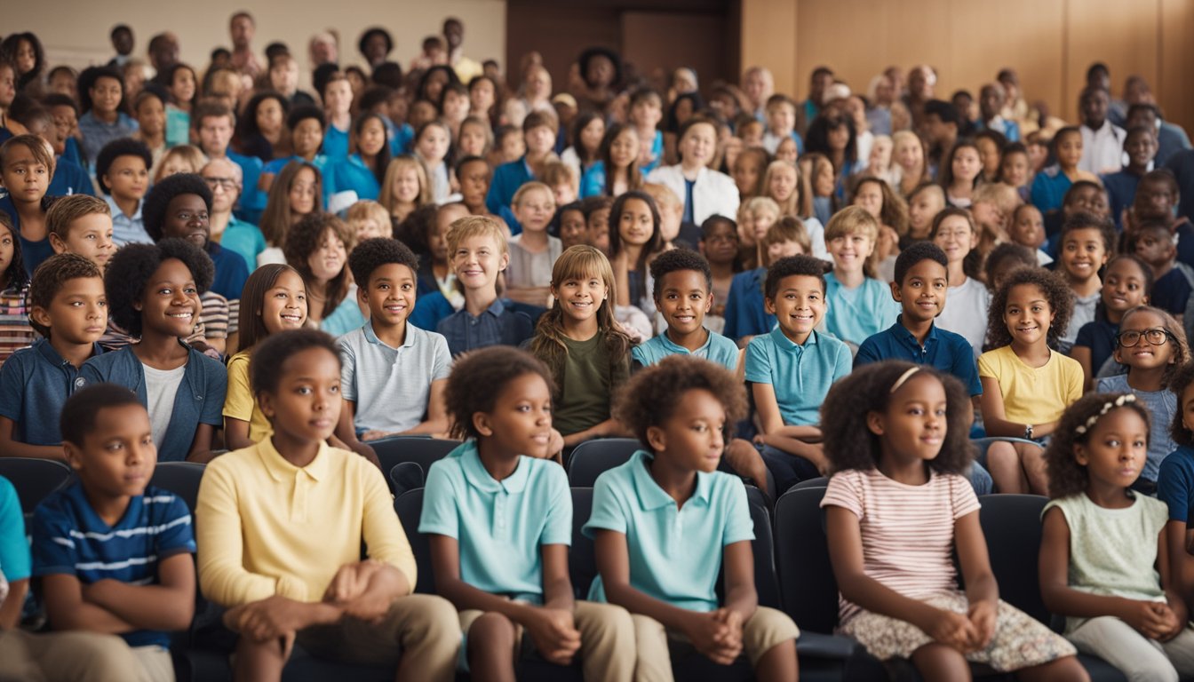 A group of children and parents gathered in a school auditorium, listening to a speaker addressing common concerns about transitioning to secondary school