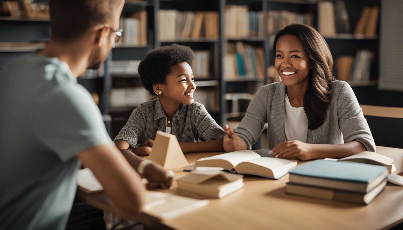 A cozy classroom with a teacher and parent sitting at a table, sharing ideas and resources. Books, educational materials, and a warm, welcoming atmosphere