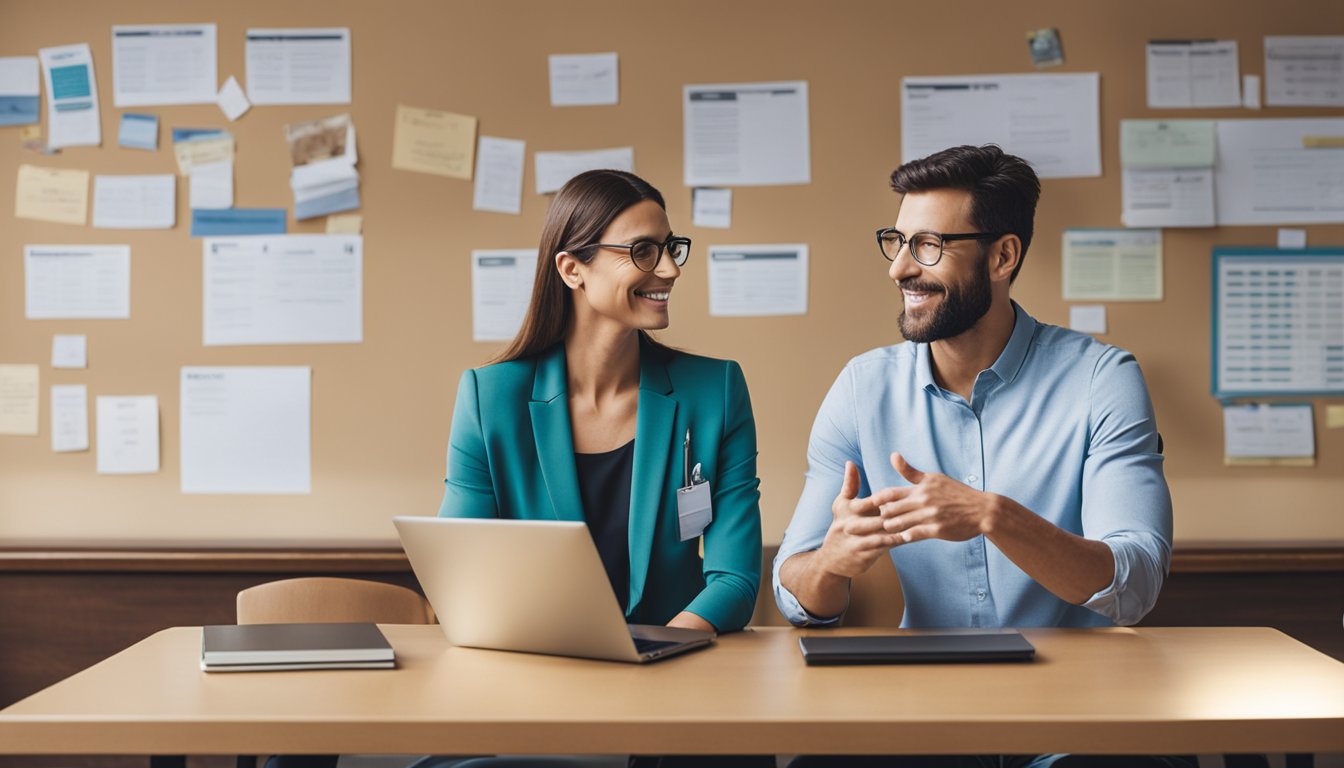 A parent and a teacher sitting at a table, discussing and exchanging ideas. A bulletin board in the background displays helpful tips and FAQs