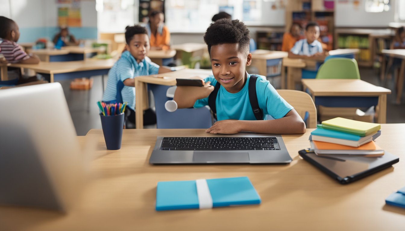 A child sitting at a desk surrounded by various educational technology tools, such as a laptop, tablet, and interactive whiteboard, while a parent or teacher looks on and guides their use