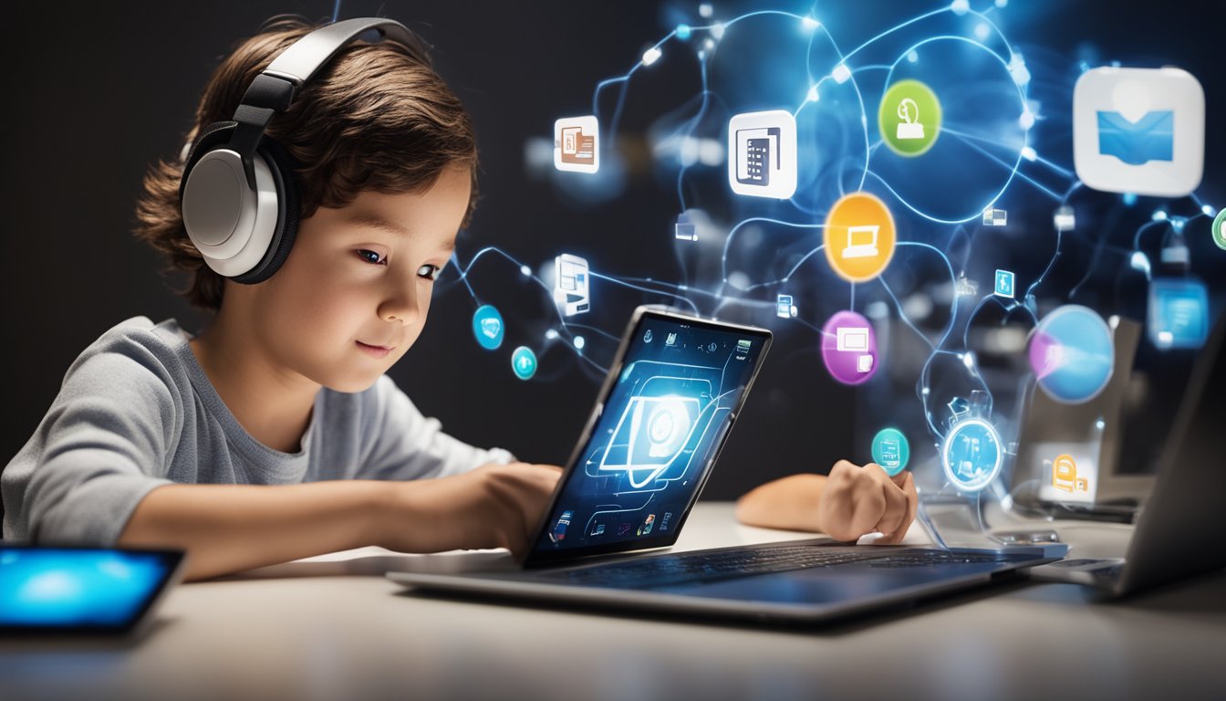 A child surrounded by various technological devices, such as tablets, laptops, and educational apps, while engaging in interactive learning activities