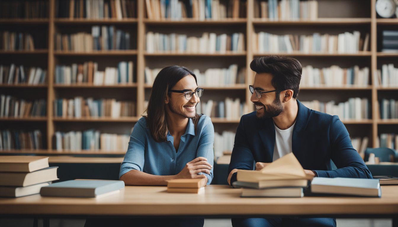 A parent and a teacher sitting at a table, engaged in a friendly conversation, surrounded by books and educational materials