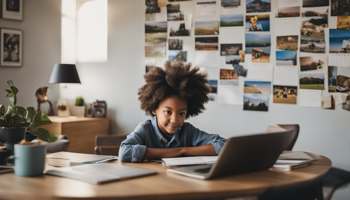 A parent sitting at a desk with a laptop, surrounded by children's artwork and family photos. A calendar with work and school deadlines hangs on the wall