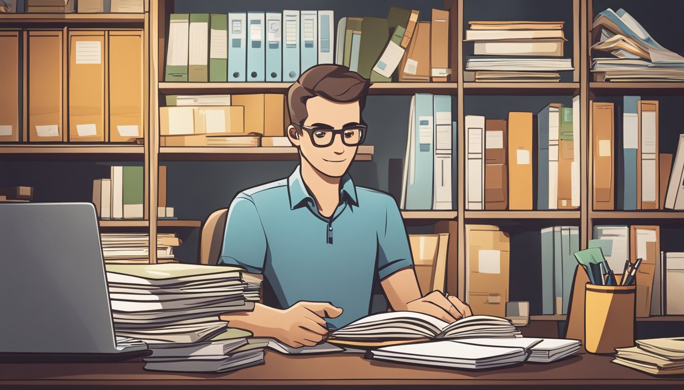 A parent sits at a desk, surrounded by work documents and a laptop. A stack of textbooks and notebooks is nearby, with a calendar displaying deadlines