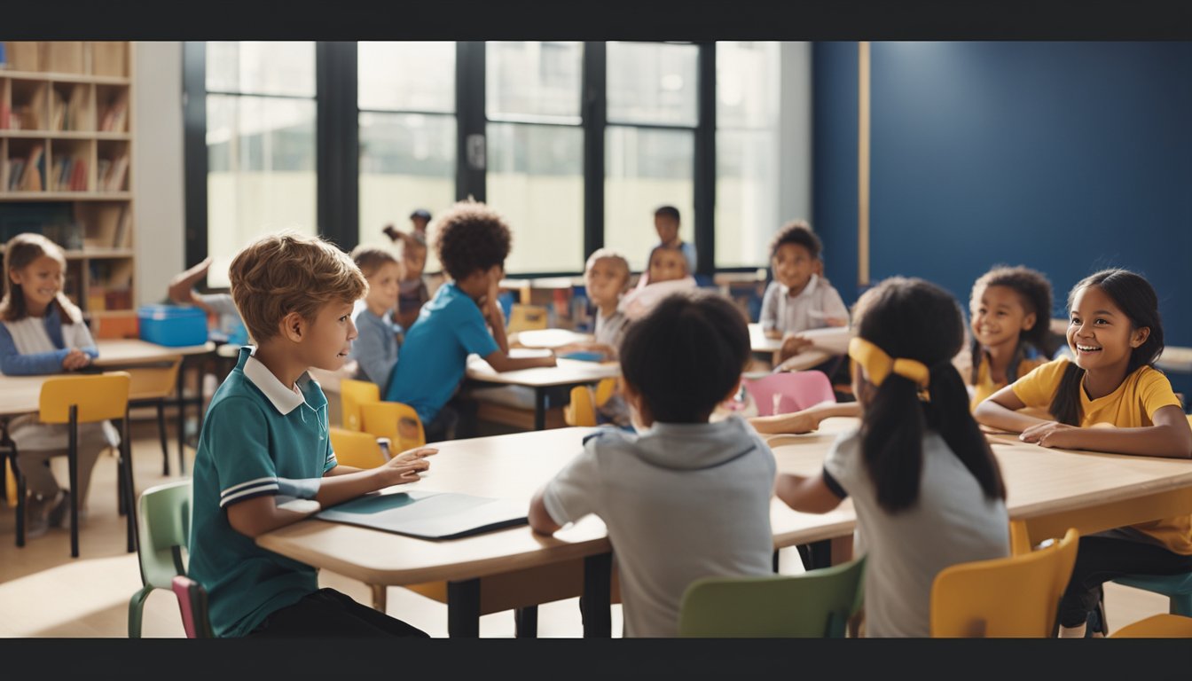 A group of children explore various after-school clubs, with parents and teachers offering guidance and information