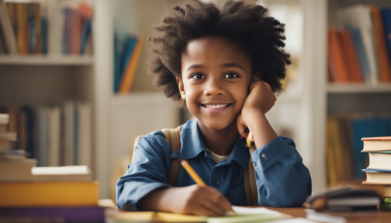 A child sitting at a desk, surrounded by books and school supplies. A parent or teacher offers encouragement and support