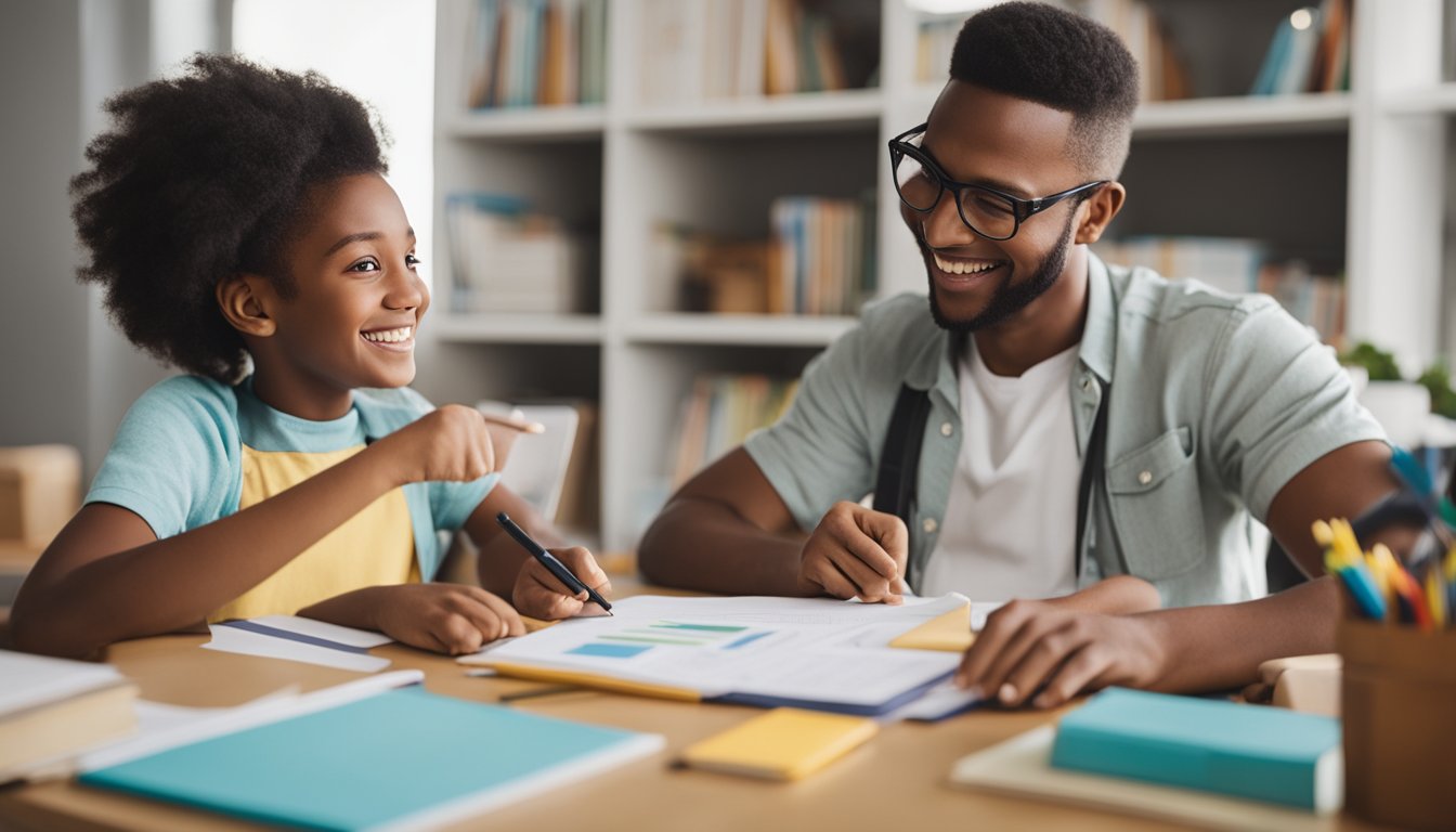 A parent and child sitting at a desk, surrounded by books and school supplies. The parent is smiling and pointing to a chart of academic goals, while the child looks engaged and motivated