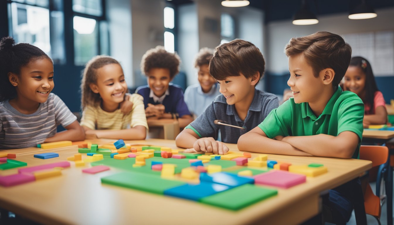 A colorful classroom setting with children engaged in educational games, surrounded by interactive learning materials and technology