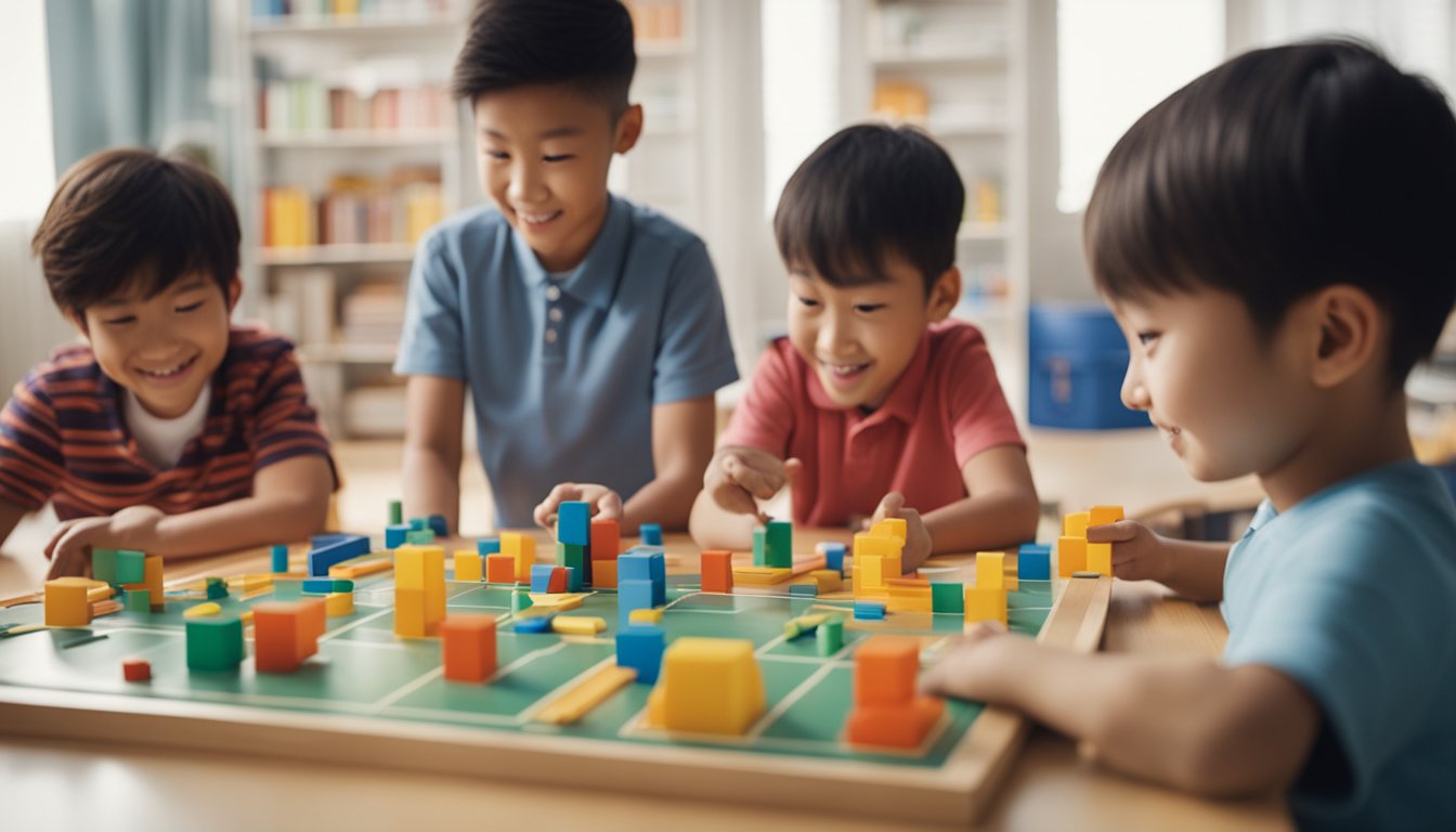 Children playing educational games with enthusiasm and focus, surrounded by colorful and interactive learning materials