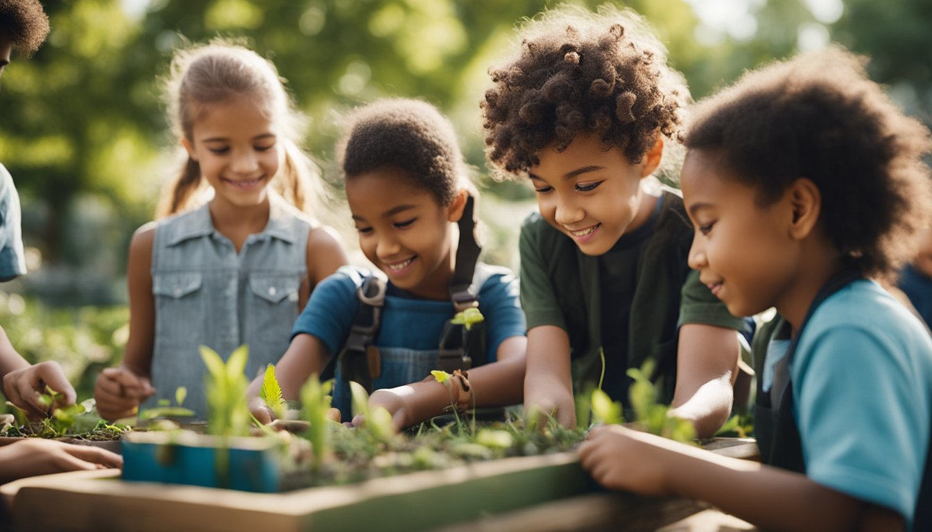 A group of children engage in hands-on learning activities outdoors, while others work independently on creative projects indoors. The atmosphere is vibrant and inclusive, with a focus on individualized learning and exploration