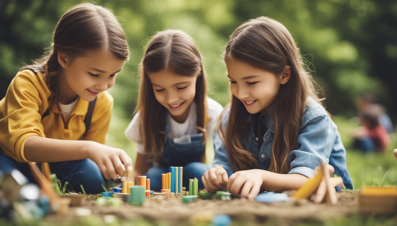 A group of children engaged in hands-on learning activities outdoors with a variety of educational materials and tools