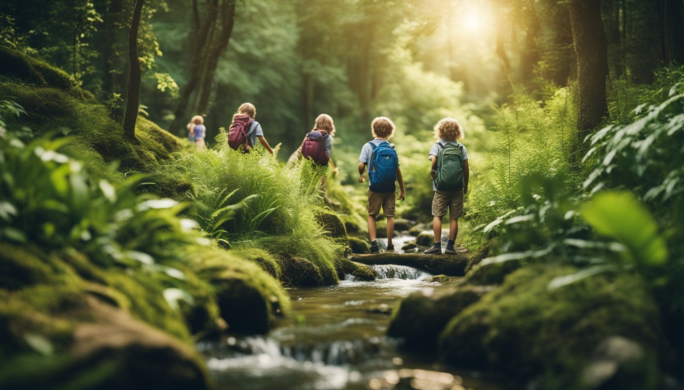 A group of children exploring a lush forest, with a stream flowing and a variety of plants and animals in the background