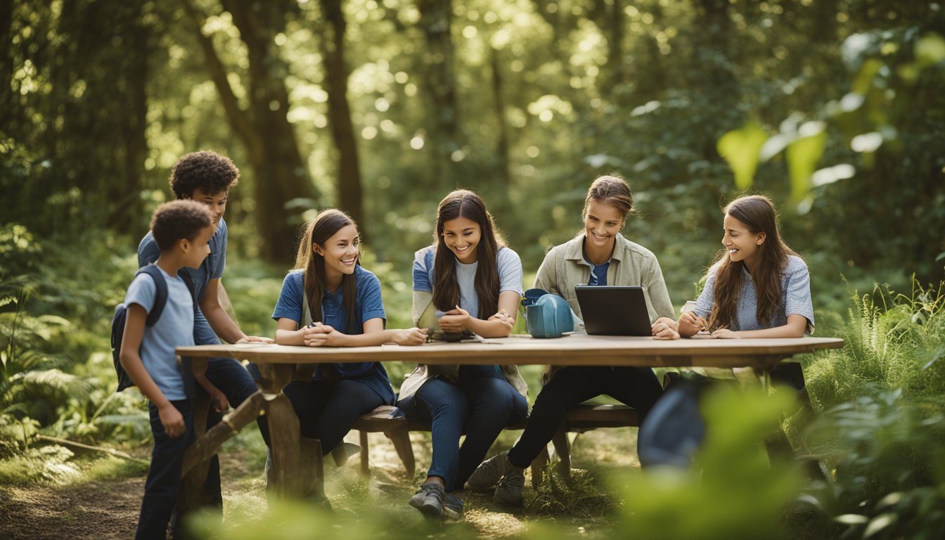 A group of students and a teacher are gathered in a natural setting, surrounded by trees, plants, and wildlife. The teacher is engaging the students in hands-on learning activities, such as observing and documenting nature, conducting experiments, and discussing environmental concepts