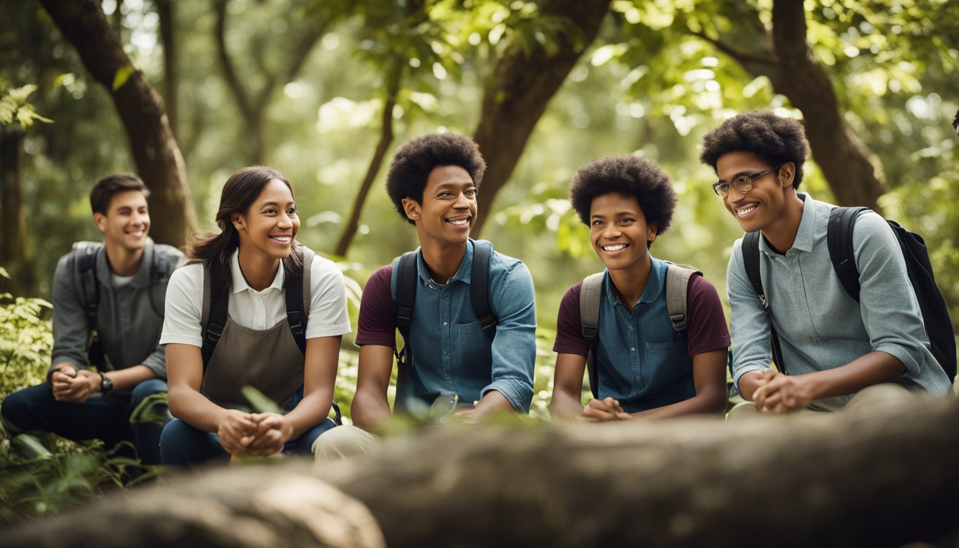 A group of students and a teacher are gathered in a natural setting, surrounded by trees and wildlife. They are engaged in various educational activities, such as exploring and observing the environment, conducting experiments, and participating in discussions