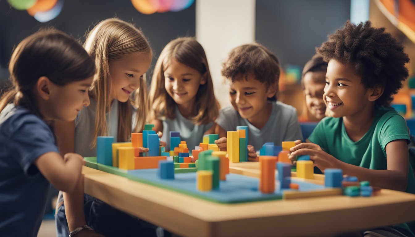 A group of children gather around a colorful and interactive learning station, eagerly exploring hands-on activities and engaging in collaborative learning experiences