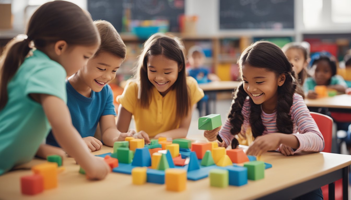 A colorful and interactive classroom setting with children eagerly participating in hands-on learning activities, surrounded by engaging educational tools and materials