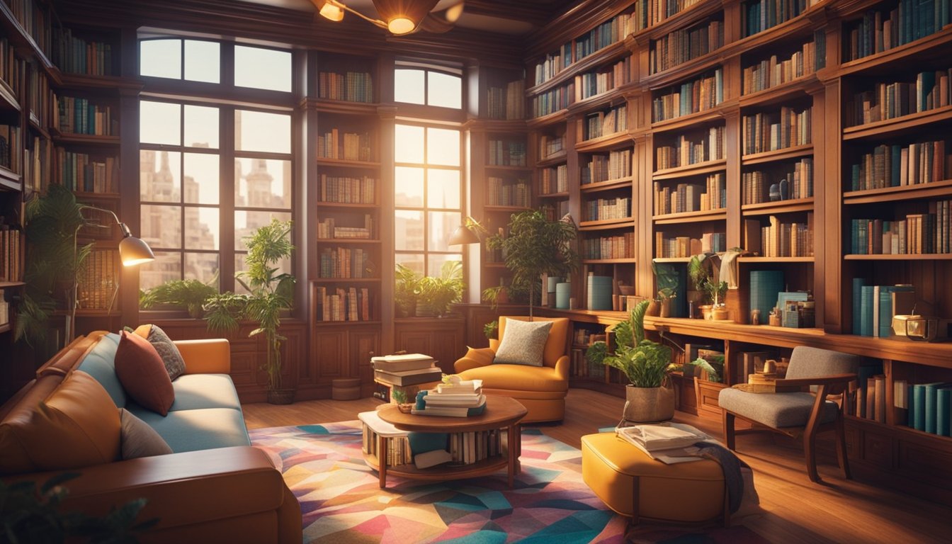 A cozy, colorful library filled with whimsical bookshelves and comfy reading nooks, surrounded by vibrant, imaginative illustrations and characters